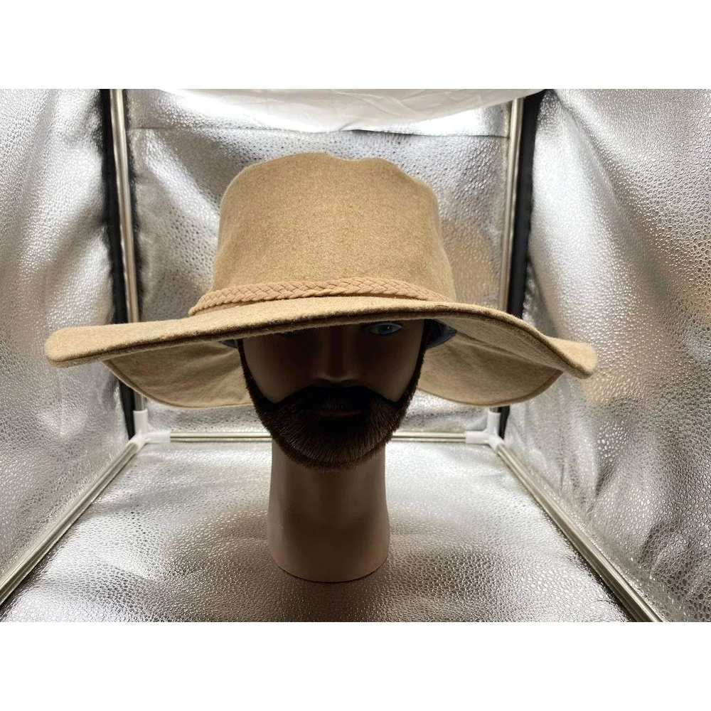 ASN Wide Brim Sun Hat Womens OS Tan Wool Blend‎ Braided Trim Floppy Fedora